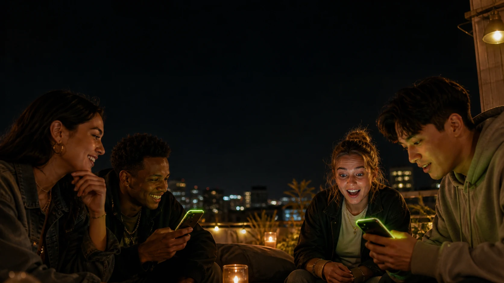 Friends sharing a moment together on a rooftop at night