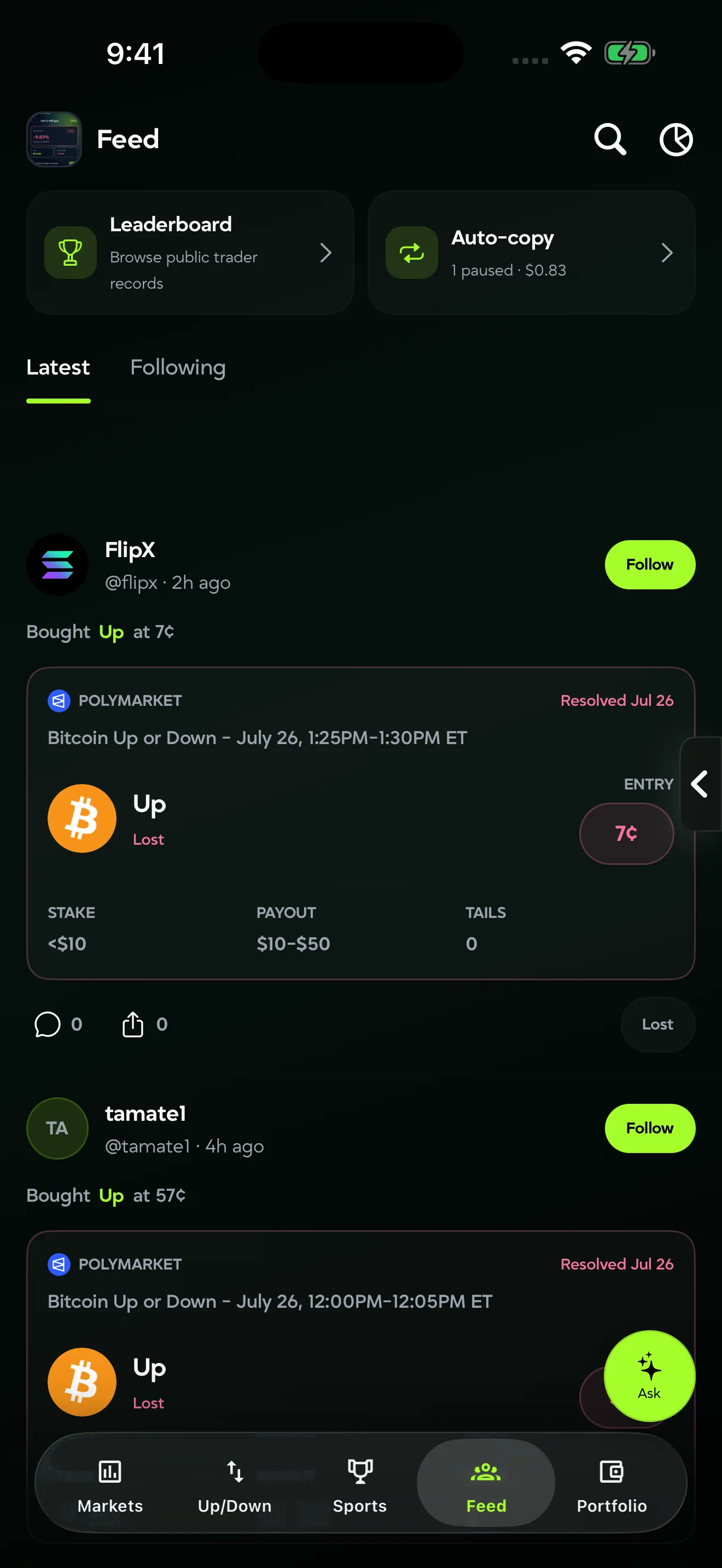 FlipX social prediction feed on mobile