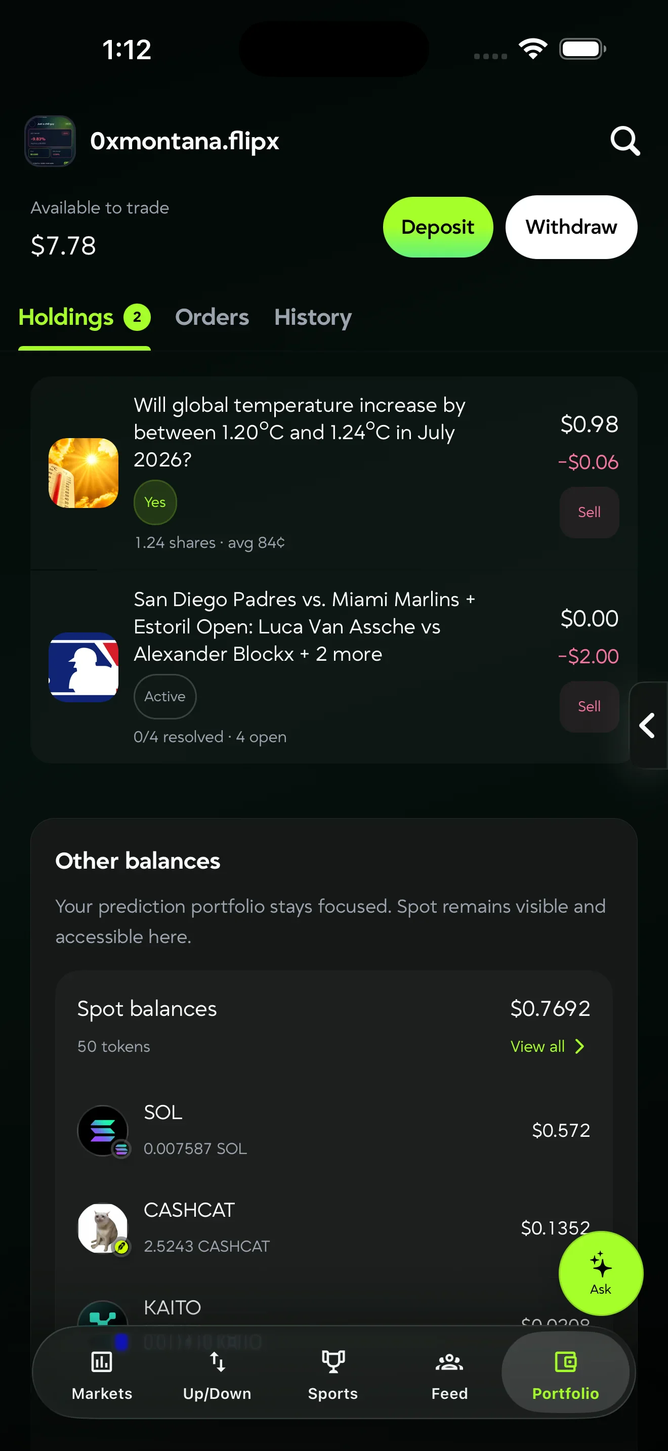 FlipX prediction portfolio on mobile
