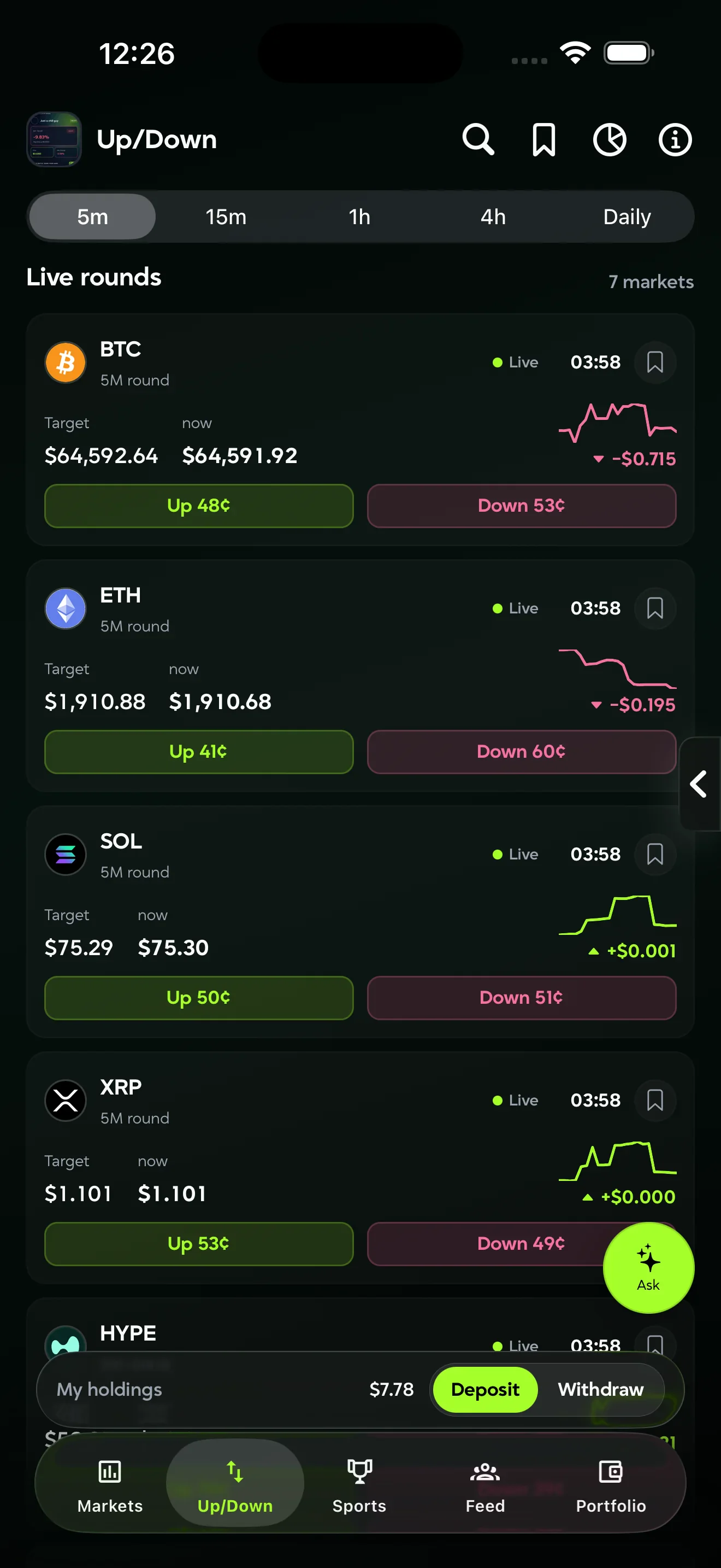 FlipX Up and Down prediction rounds on mobile